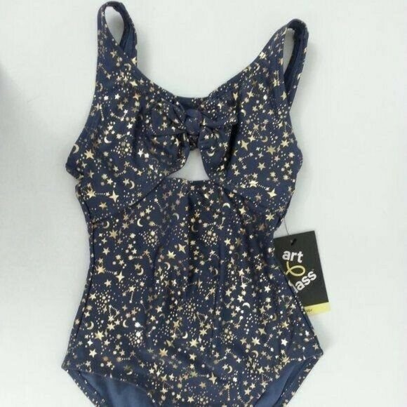 Art Class Girls swim suit Zephyr Blue with gold metallic Moon Stars Bathing - Picture 9 of 10
